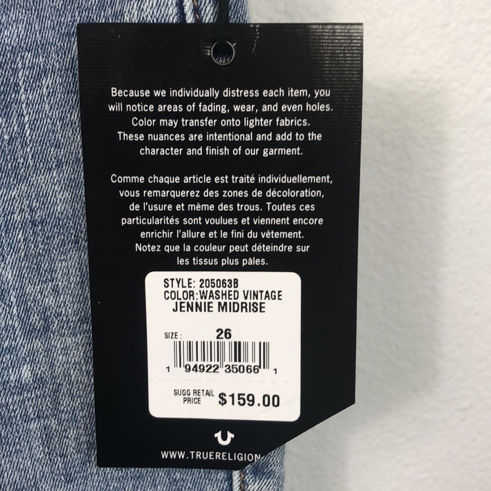 NWT TRUE RELIGION Jenny Curvy Jeans Mid Rise Skinny Vintage Light Wash 26 Fray - Picture 8 of 12